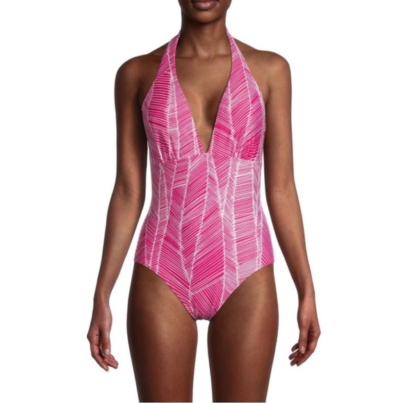 DKNY PRINTED HALTER ONE PIECE SWIMSUIT - Picture 1 of 9